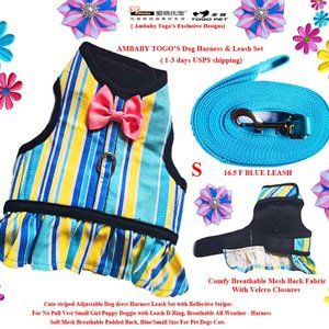 AMBABY Small Stripe Dog Dress Dogs Harness Leash Set Puppy Vests Soft Mesh Back